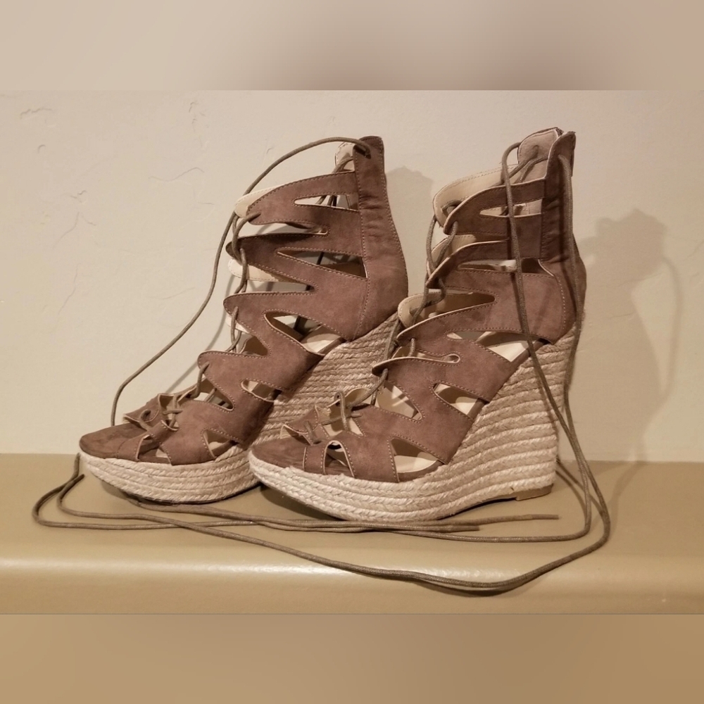 Rue 21 ETC. Brown - Tan Wedge Heel Sandles With Extremely Long Shoe Laces